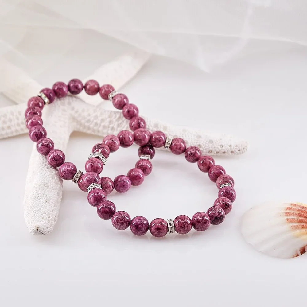 Feminine Gemstone Bracelet Set, Genuine Pink Jasper Stretch Bracelets, Unique